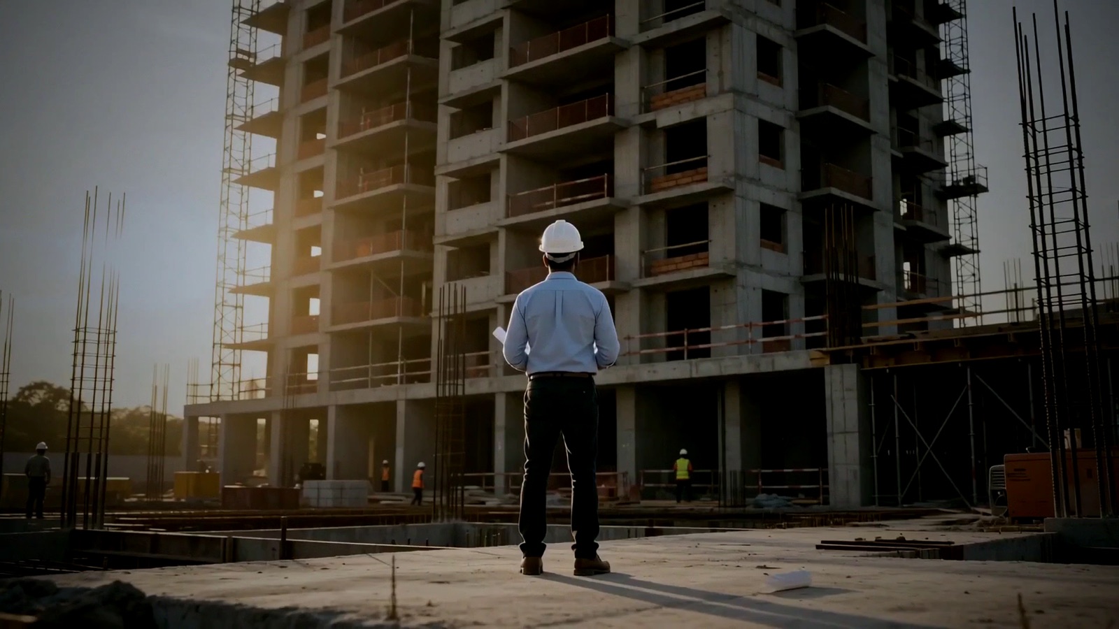 Un ingeniero frente a una torre en construcción al amanecer