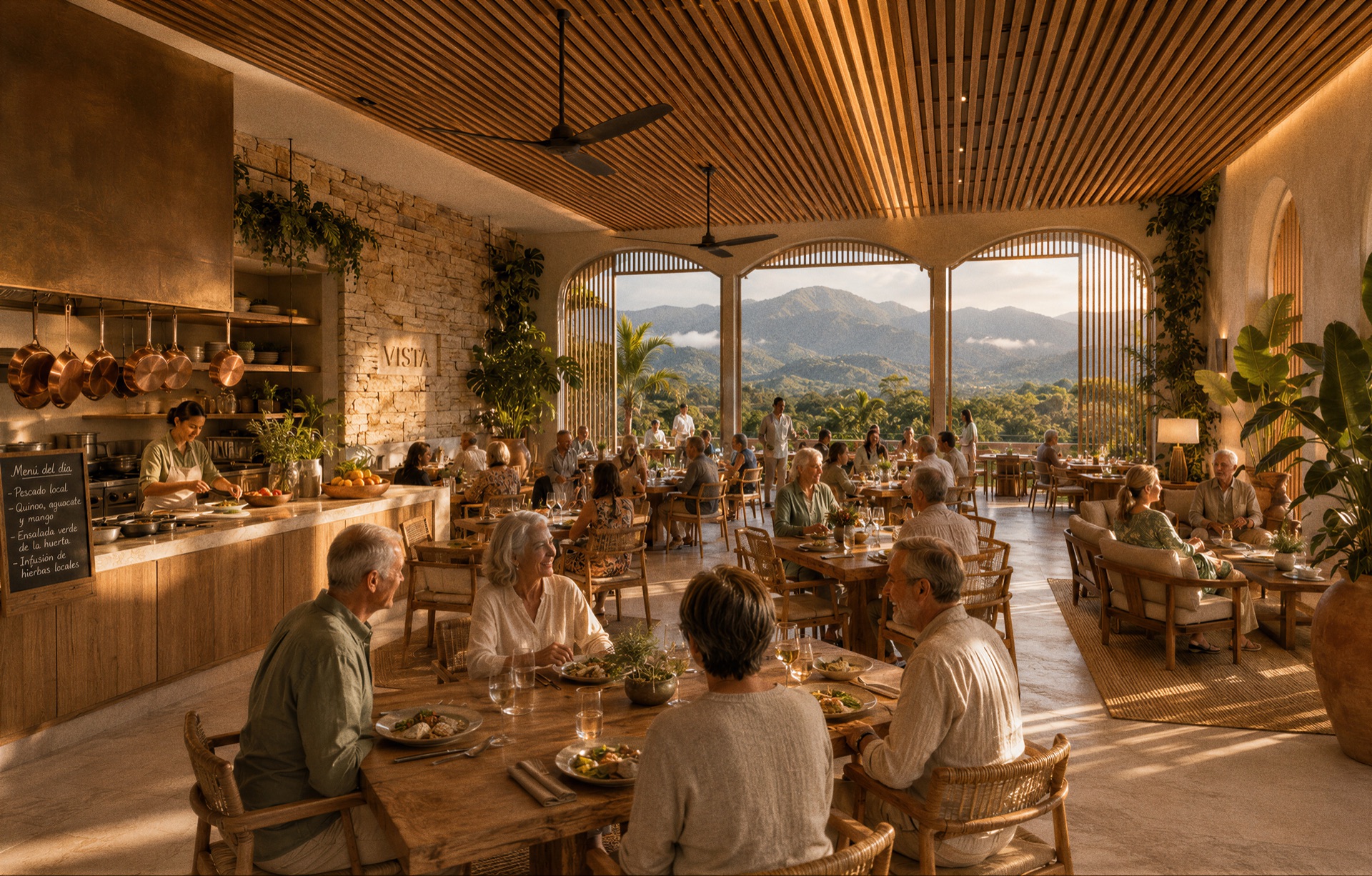 Residentes cenando en el comedor comunitario de Vista de las Amapolas