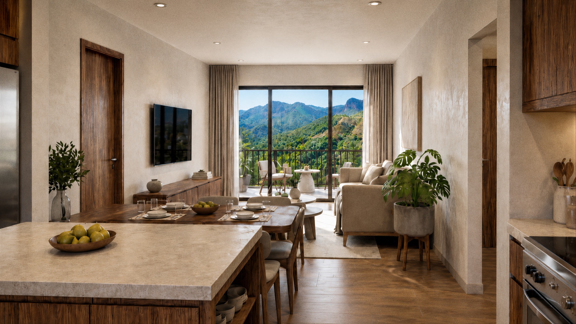 Interior de apartamento con balcón hacia la cordillera