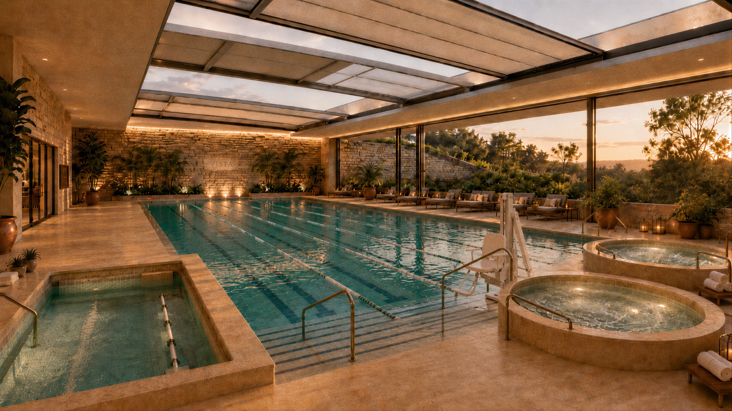Piscina techada de Vista de las Amapolas al atardecer